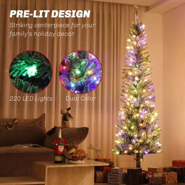 NEW 7.5ft 519-Tip Prelit Flocked Pencil Artificial Tree, 170 Lights, Remote, Christmas Holiday Green