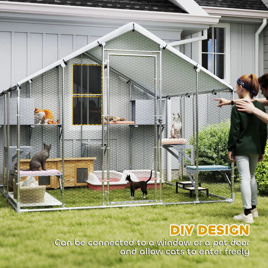 Large Catio Fence Enclosure Outdoor Shelter w Waterproof Roof Shade for Cats, Chickens, Rabbits
