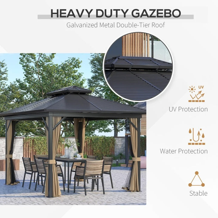 12' x 10' Tiered Galv Steel Hardtop Aluminum Frame Gazebo Canopy Shelter w Mesh, Curtain, Brown