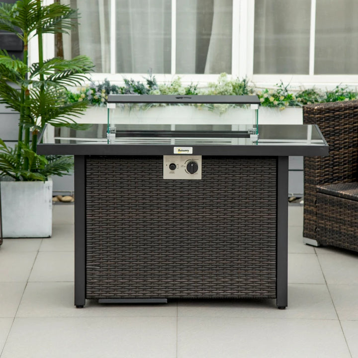 43" 50,000 BTU Propane Gas Fire Pit Table, Glass Top, Stones Wind Shield Cover, Dk Brown Rattan