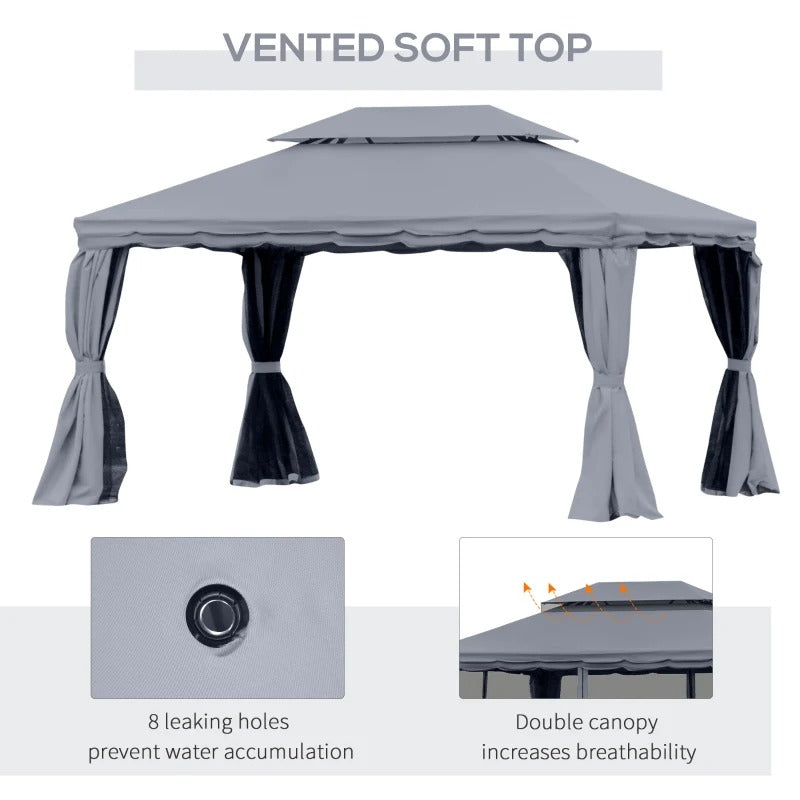 13' x 10' Aluminum Gazebo Canopy Outdoor Tent Shelter w Tiered Roof, Curtain, Mesh Net, Dk Grey