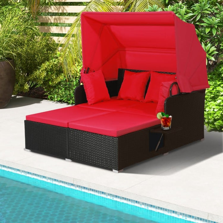 2-Person Rattan Wicker Canopy Daybed Lounge Chaise for Outdoor Patio, Cushions, Black, Red