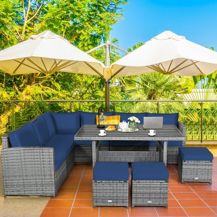 7pc L-Shape Rattan Wicker Dining Set Outdoor Patio Sectional w Table Cushions Ottomans, Navy Blue