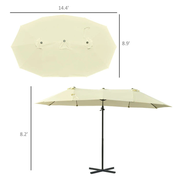 15ft Tilting Offset Cantilever Double Twin Canopy Patio Deck Umbrella w Cross Base Stand, Beige