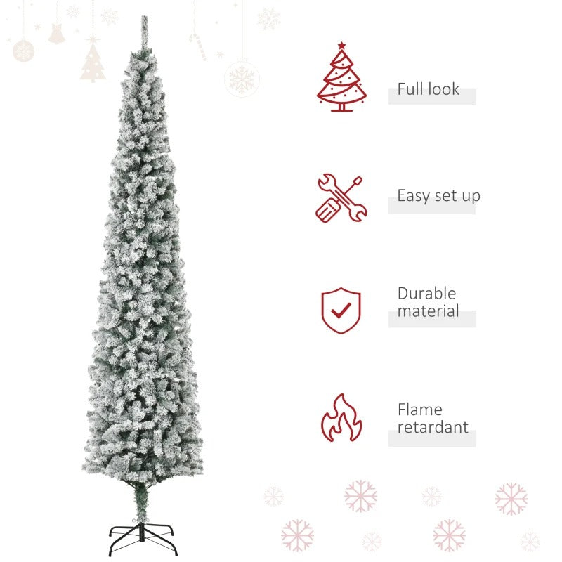 NEW 7.5ft 738-Tip Unlit Snow Flocked Slim Artificial Pencil Christmas Holiday Xmas Tree, Green