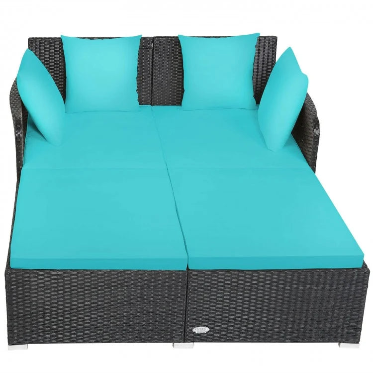 Double Rattan Wicker Daybed Sun Lounger Sofa Chaise w Cushions for Outdoor Patio, Turquoise, Black