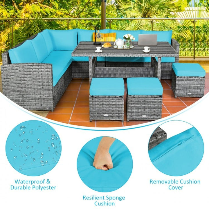 7pc L-Shape Rattan Wicker Dining Set Outdoor Patio Sectional w Table Cushions Ottomans, Turquoise