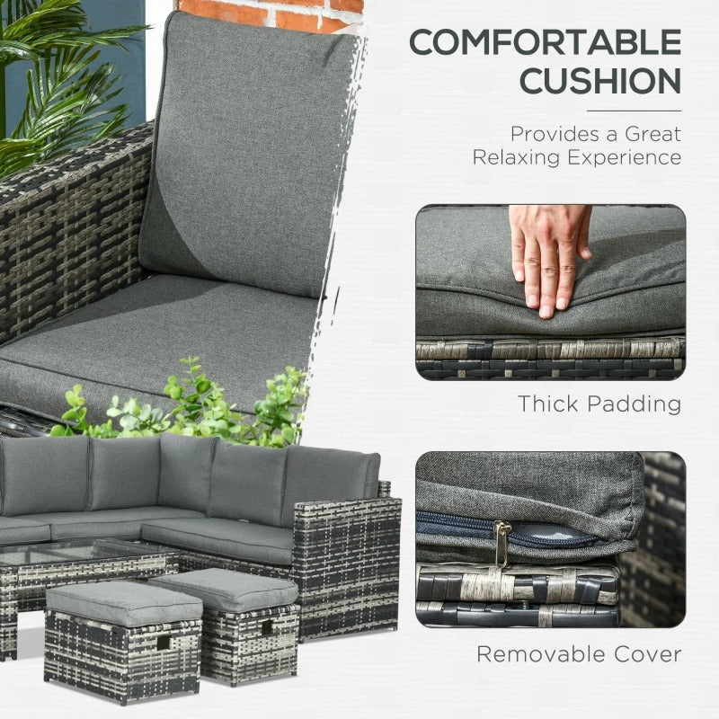 6pc L-Shape PE Rattan Wicker Sofa Conversation Set w Ottomans, Cushions for Outdoor Patio, Grey