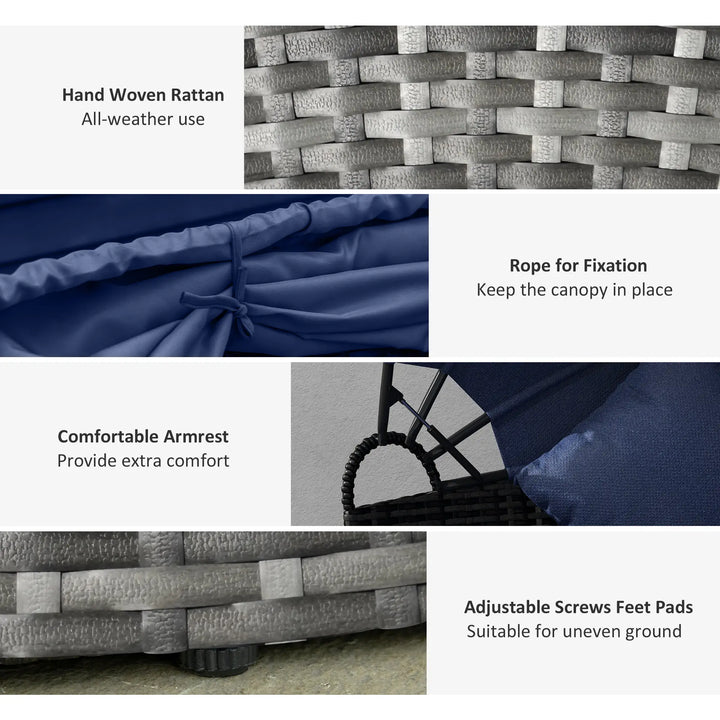 4pc Rattan Wicker Round Canopy Daybed Lounge Outdoor Patio Sofa Set w Cushions, Grey, Dk Navy Blue