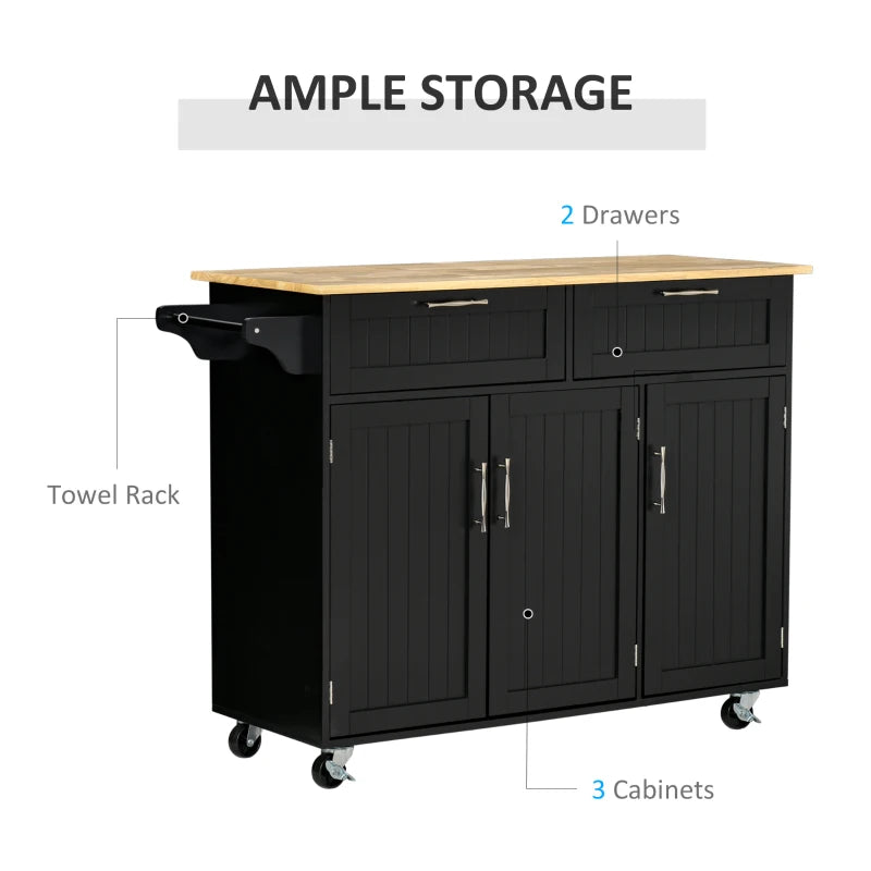 Modern Rolling Kitchen Island Storage Cart Cabinet Sideboard w Drawers, Natural Wood Top, Black