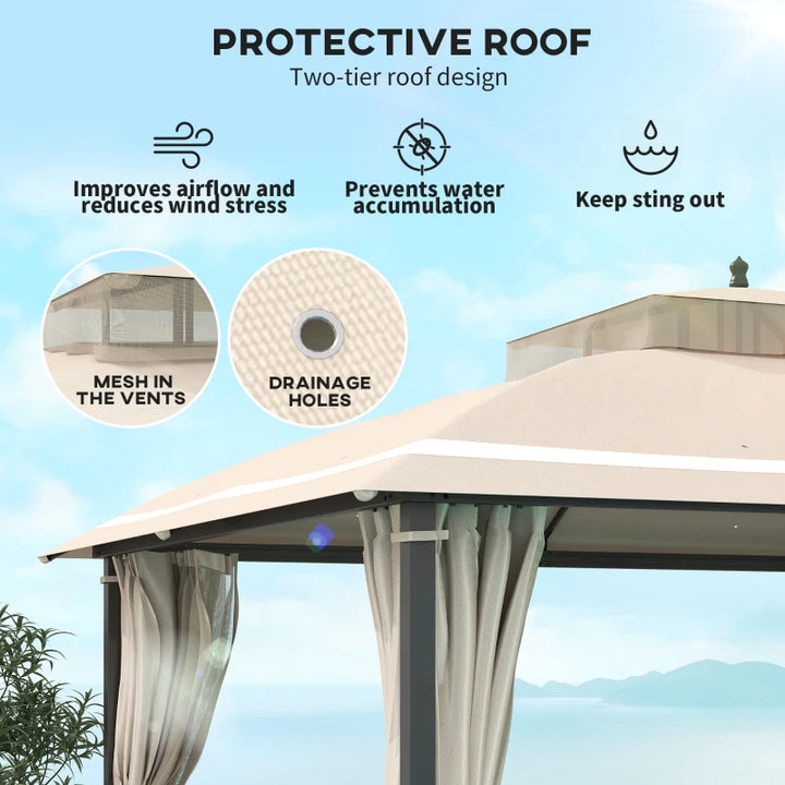 10x12 Outdoor Gazebo Double Roof Patio Canopy with Netting and Curtains - Durable Metal Garden Shelter