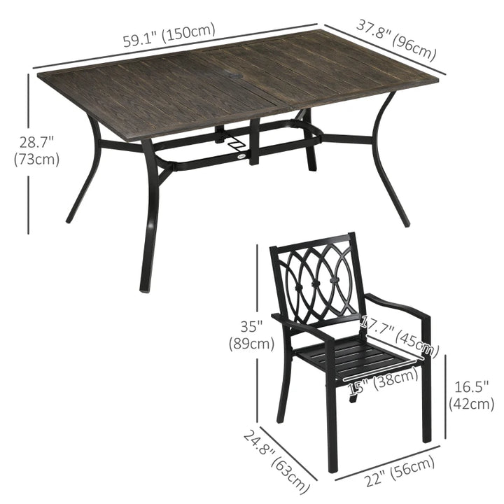 7pc Steel Woodgrain Effect Outdoor Dining Table Set, 6 Stackable Arm Chairs Garden Patio, Black