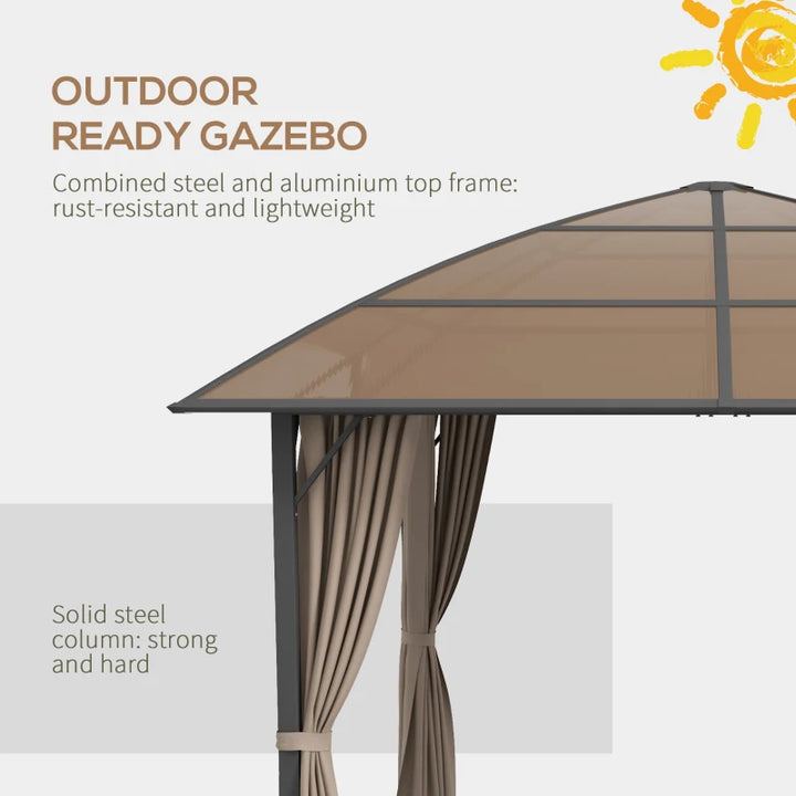 10' x 10' PC Aluminum Hardtop / Steel Frame Gazebo Canopy Outdoor Shade Patio, Curtains, Brown