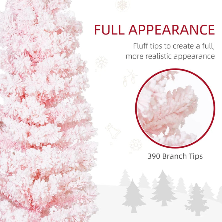 5ft 390-Tip Unlit Snow Flocked Slim Artificial Pencil Christmas Holiday Fake Xmas Tree, Pink