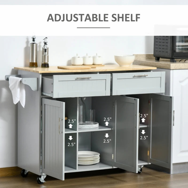 Modern Rolling Kitchen Island Storage Cart Cabinet Sideboard w Drawers, Natural Wood Top, Grey