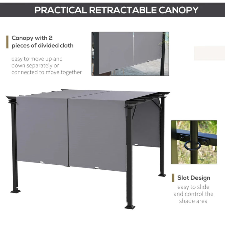 10' x 10' Steel Pergola Gazebo Shelter w Retractable Fabric Roof for Outdoor Deck Patio, Grey