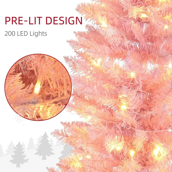6ft 390-Tip Pre-lit Slim Artificial Pencil Christmas Holiday Tree w 200 LED Lights, Base, Pink