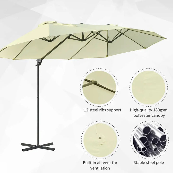 15ft Tilting Offset Cantilever Double Twin Canopy Patio Deck Umbrella w Cross Base Stand, Beige