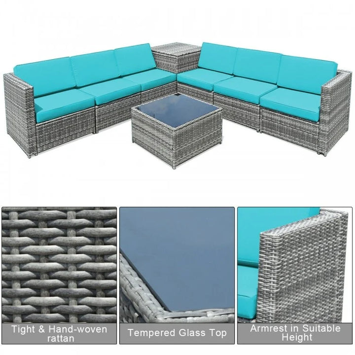 8pc L-Shape Rattan Wicker Sectional w Storage, Cover, Outdoor Patio Furniture, Grey, Turquoise