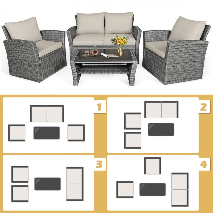 4pc PE Rattan Wicker Furniture Set w Loveseat Armchairs Cushions, Outdoor Patio, Grey, Cream Beige