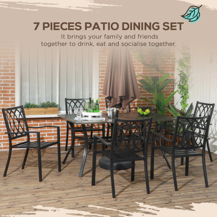 7pc Steel Woodgrain Effect Outdoor Dining Table Set, 6 Stackable Arm Chairs Garden Patio, Black