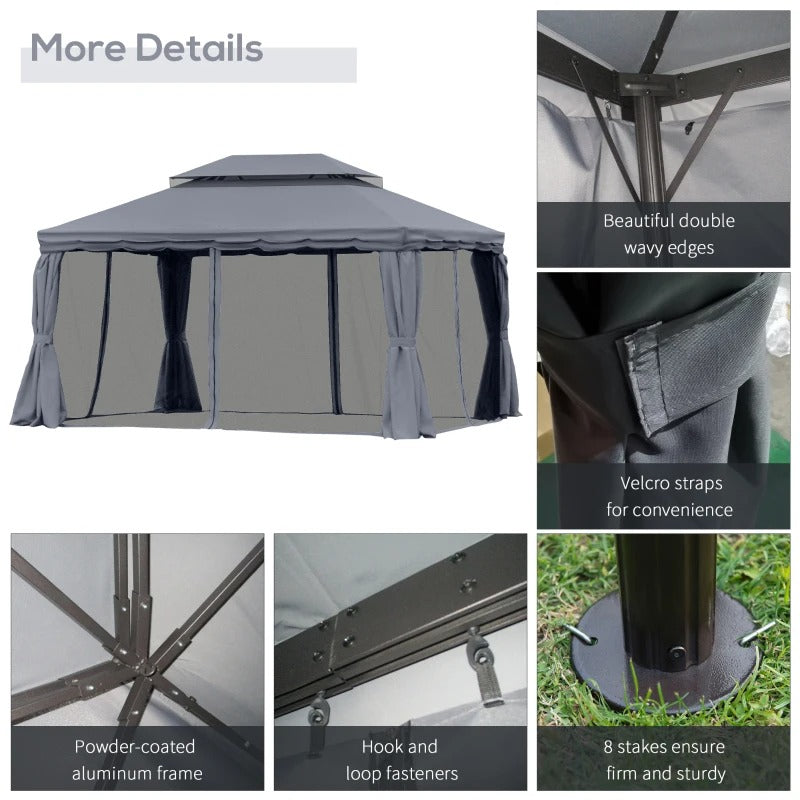 13' x 10' Aluminum Gazebo Canopy Outdoor Tent Shelter w Tiered Roof, Curtain, Mesh Net, Dk Grey