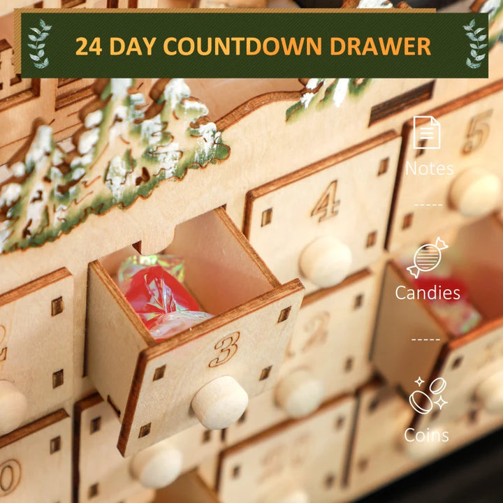 NEW Light-Up Wooden Christmas Advent Countdown Decor w 24 Drawers, Holiday Mountain Winter Village