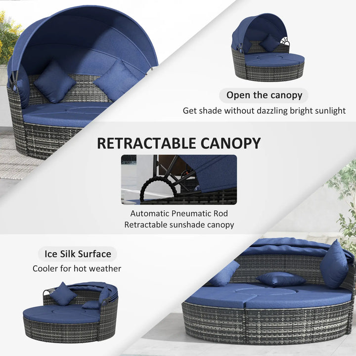 4pc Rattan Wicker Round Canopy Daybed Lounge Outdoor Patio Sofa Set w Cushions, Grey, Dk Navy Blue
