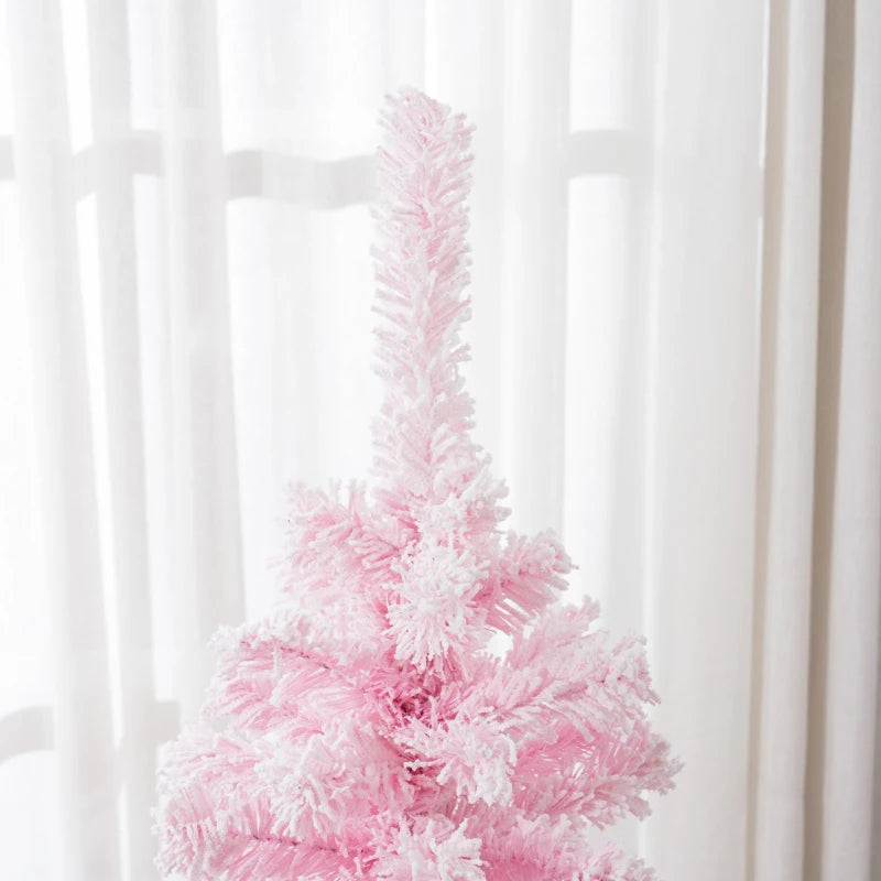 4ft 180-Tip Snow Flocked Slim Pencil Artificial Christmas Holiday Tree w Base Xmas Decor, Pink