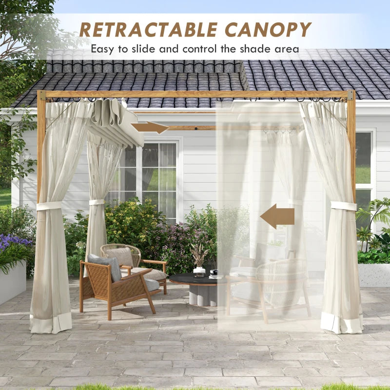 10' x 10' Wooden Pergola Gazebo w Retractable Canopy Roof & Mesh Net Curtains - Natural, Cream