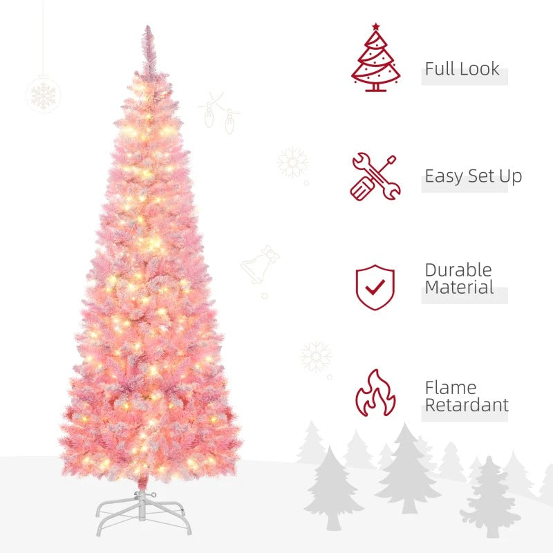6ft 500-Tip Pre-lit Lush Slim Artificial Pencil Christmas Holiday Tree w 250 LED Lights, Pink