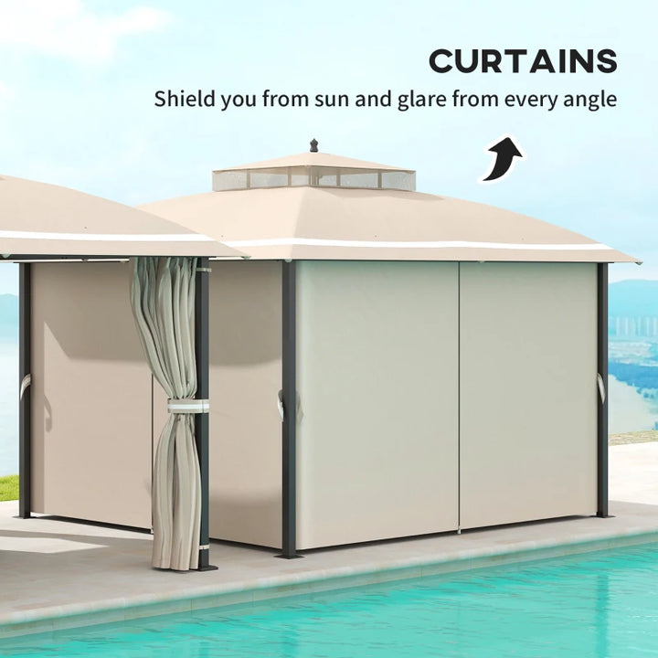 10x12 Outdoor Gazebo Double Roof Patio Canopy with Netting and Curtains - Durable Metal Garden Shelter