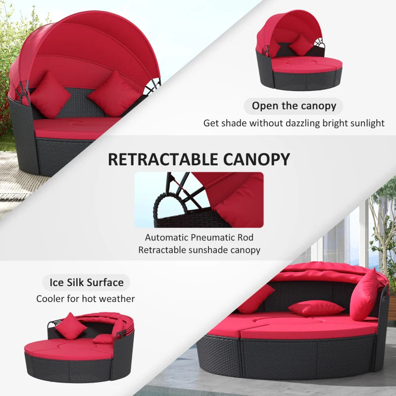 4pc PE Rattan Wicker Round Canopy Daybed Lounge Patio Sectional Sofa Set w Cushions, Black, Red