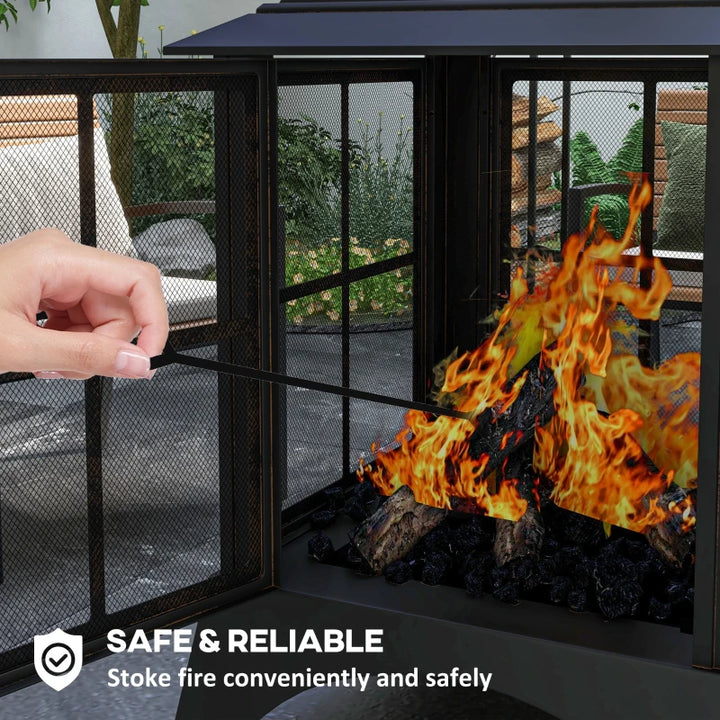 28” Square Wood Burning Fire Pit w/ Chimney Spark Guard, Cover, Ash Tray, Poker - Black
