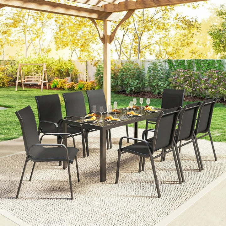 9 Pieces Patio Set With Stackable Chairs and Glass Top - Durable Outdoor Dining Furniture