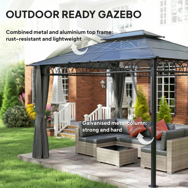 10'x12' Outdoor Gazebo Canopy Double Roof Hardtop with Polycarbonate Roof and Curtains - Durable Patio and Garden Shelter