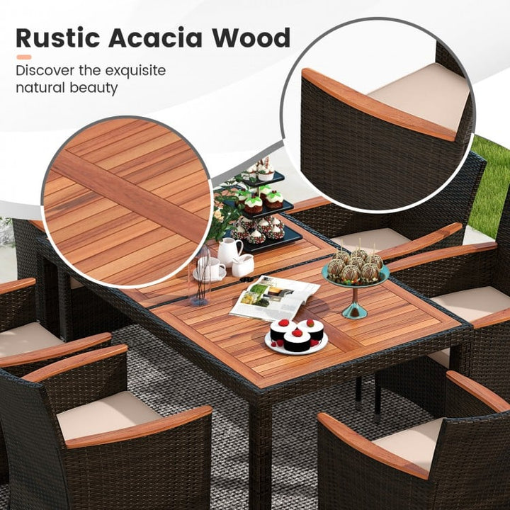 7pc PE Rattan Wicker Dining Set w 6 Armchairs, Acacia Wood Top, Umbrella Hole, Outdoor Patio, Brown