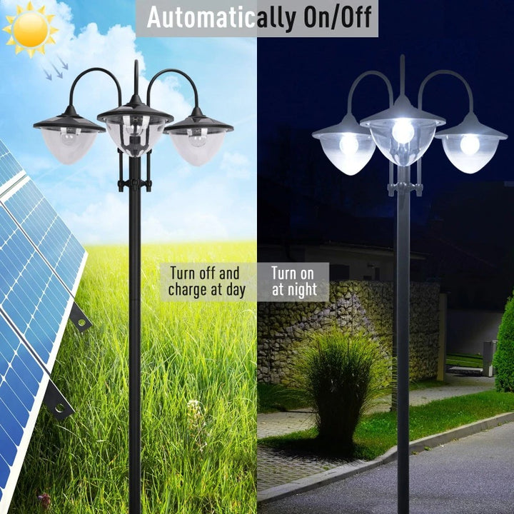 74” 3-Head Solar LED Automatic Outdoor Torch Light Street Lamp Post w Flowerbed Planter, Black