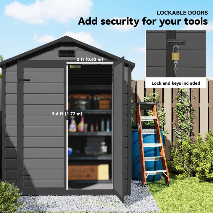 6x4.5FT Plastic Garden Shed with Lockable Double Doors and Ventilation - Weatherproof Tool Storage