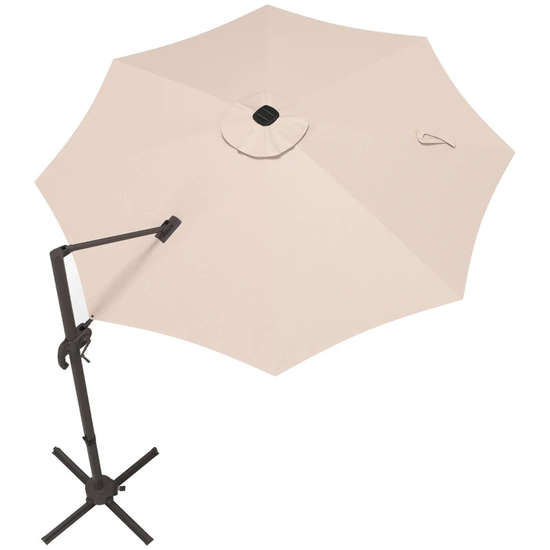 10ft Offset LED Tilt Umbrella Cantilever Canopy Outdoor Patio, Solar Light, Cross Base, Beige