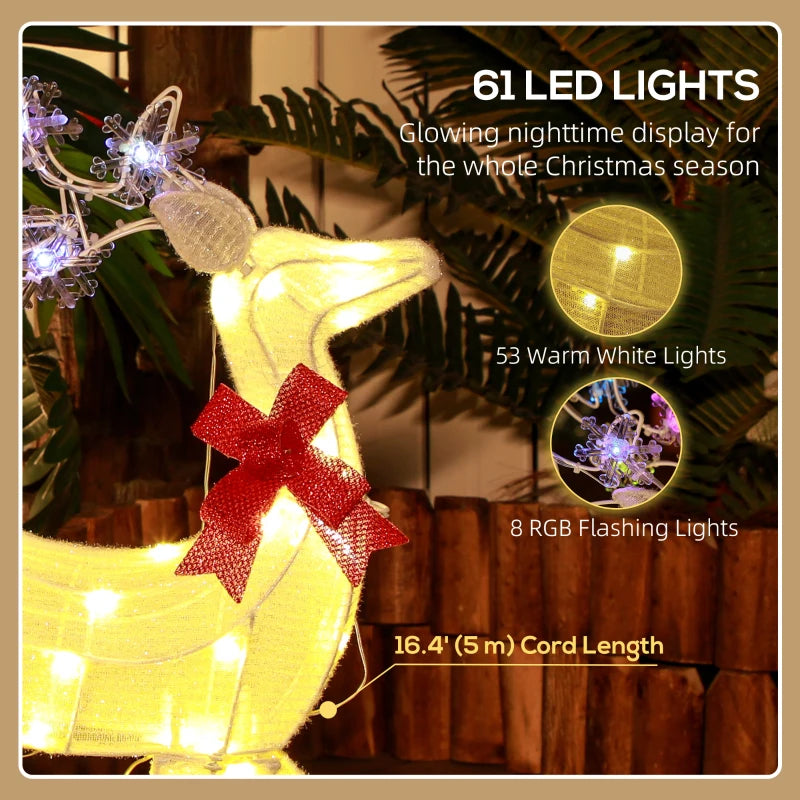 2ft Cute Outdoor Holiday Christmas Light-Up Lawn Decoration Steel, 61 Lights, White Reindeer