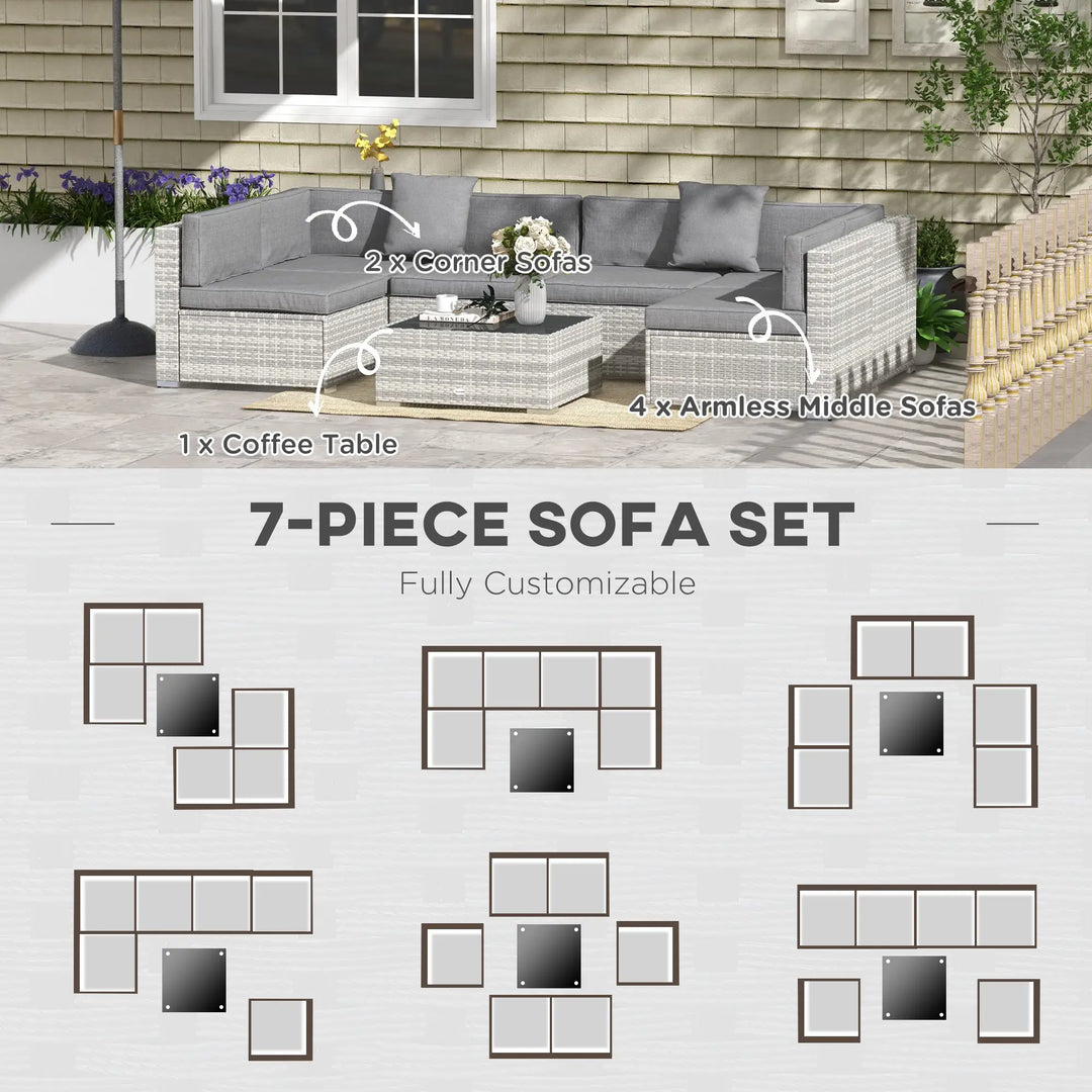 7pc 6-Seat Rattan Wicker Sectional Conversation Sofa Set w Cushions Outdoor Patio, Mixed Lt Grey