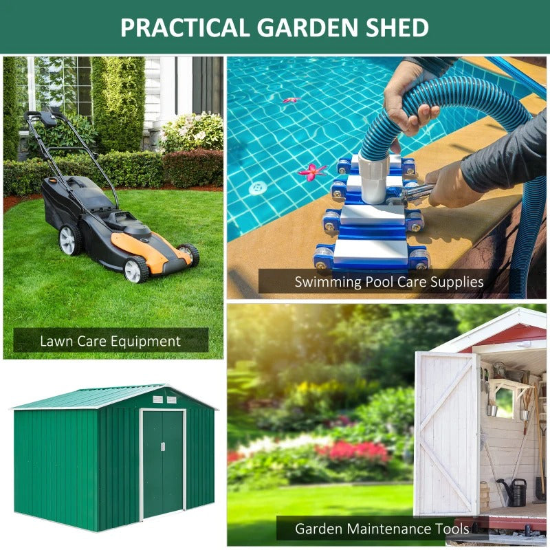 9’ x 6’ x 6’ Outdoor Metal Storage Shed Organizer w/ Foundation for Patio Backyard - Green