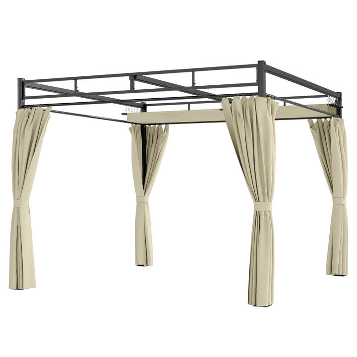 10' x 10' Outdoor Gazebo Retractable Pergola Canopy with Curtains - Durable UPF30+ Metal Pergola Kit
