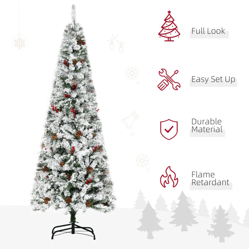 NEW 6ft 600-Tip Snow Flocked Pencil Artificial Christmas Holiday Tree w Pine Cones, Berries, Green