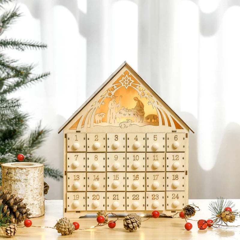Light-Up Wooden Christmas Advent Calendar w 24 Drawers Holiday Xmas, Bible Nativity Manger Baby