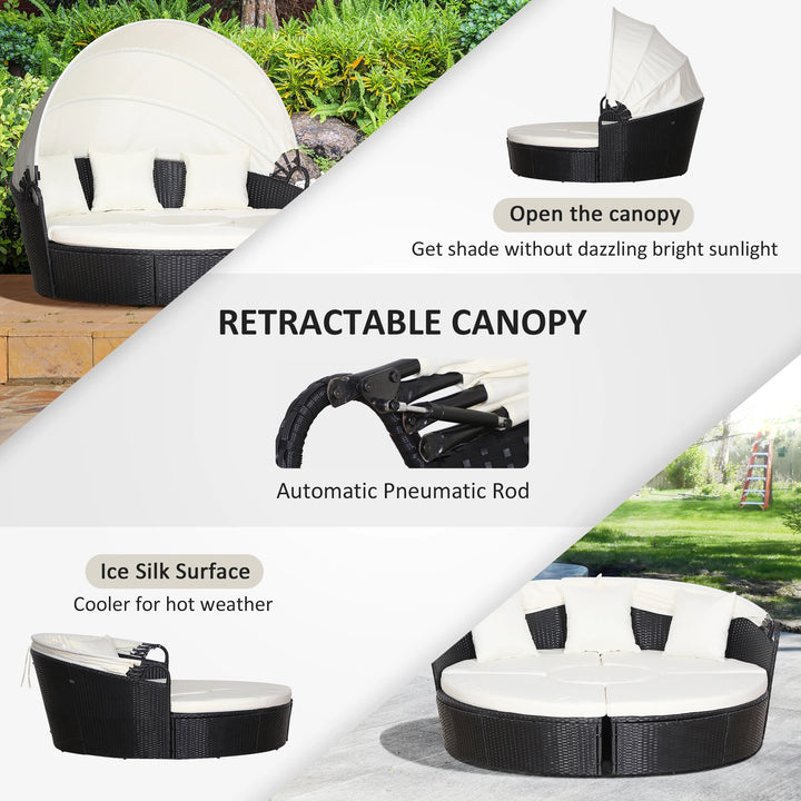 4pc PE Rattan Wicker Round Canopy Daybed Lounge Outdoor Patio Sofa w Cushions, Black, Cream White