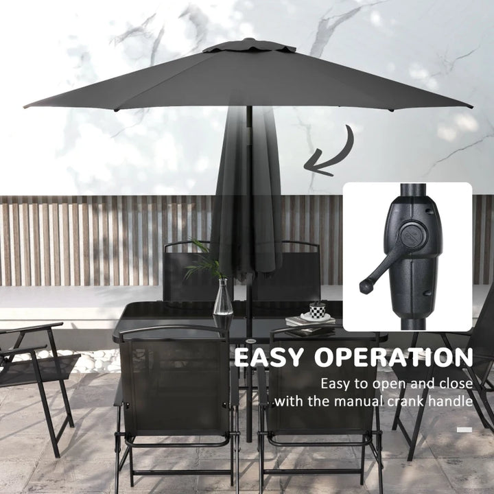 8pc Outdoor Patio Dining Set w 6 Folding Mesh Chairs, Black-Glass Table, Tilt Umbrella, Black