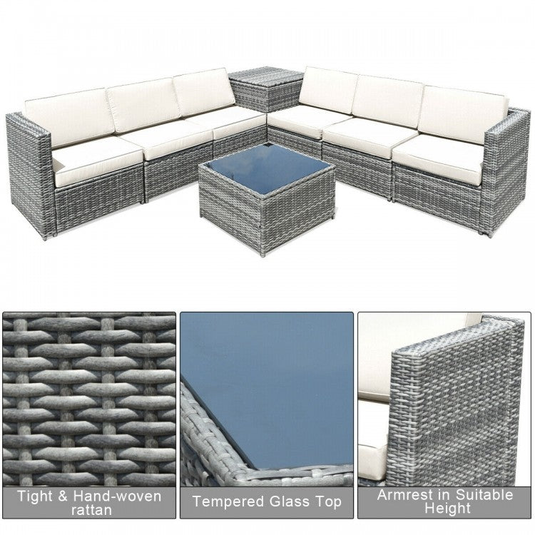 8pc L-Shape Rattan Wicker Sectional w Storage, Cover, Outdoor Patio Furniture, Grey, White