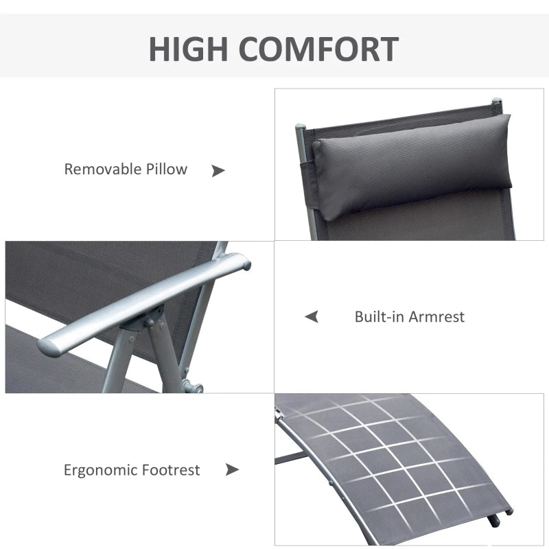 Folding Deck / Patio Sun Lounger w/ Neck Pillow - Grey